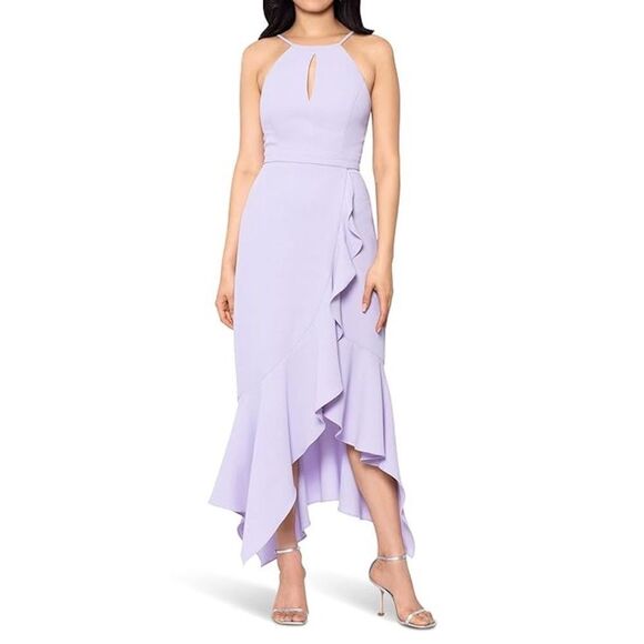 NWT XSCAPE Midi Maxi Scuba Crepe Asymmetric Flounce Dress Size 6 - Picture 6 of 13